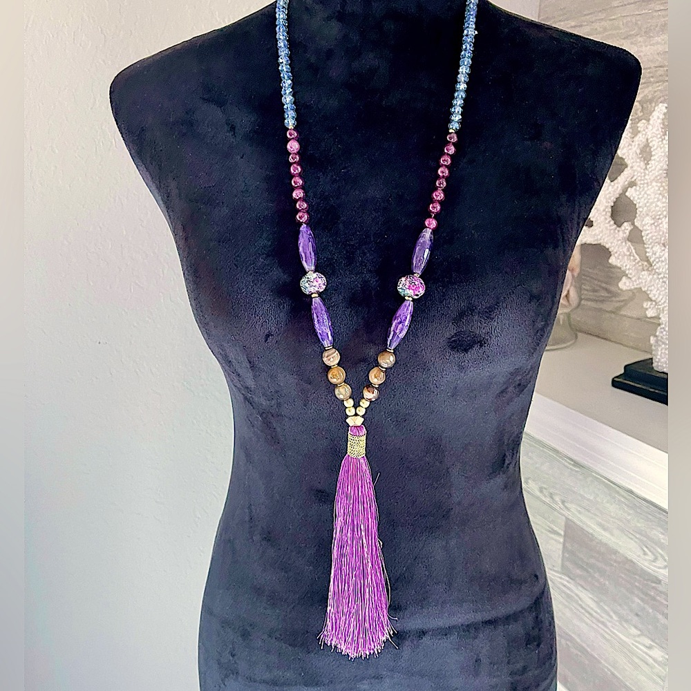 Gorgeous Beaded Necklace with Tassel- Vibrant Purple Beads
